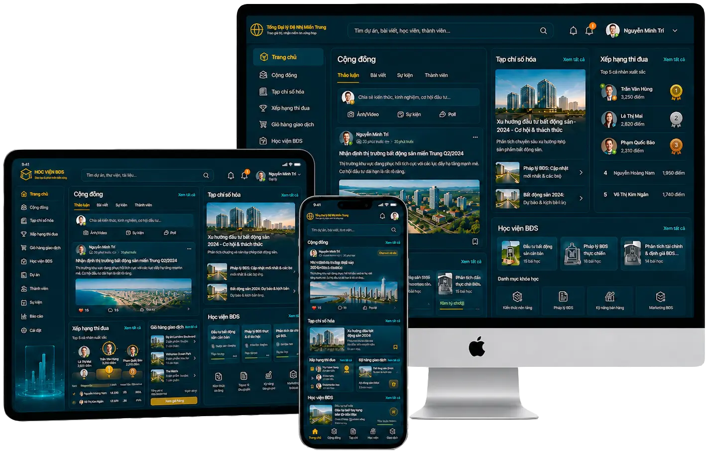Giao diện hệ sinh thái bất động sản trên desktop, tablet và điện thoại
